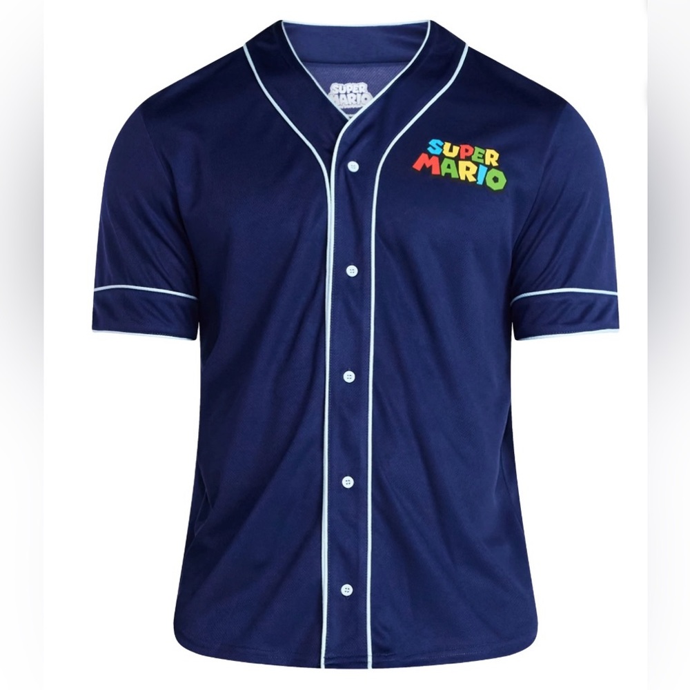 NWT Super Mario Baseball Jersey Shirt Men’s 3XL Blue Button Front Nintendo Gamer